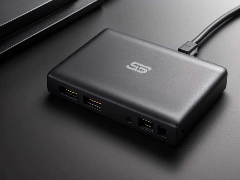 Externe SSD Festplatte angeschlossen an einen Mac mini auf einem Holzschreibtisch